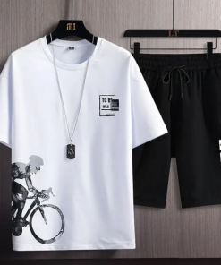 Imported bicycle print white short sleeved T-shirt with black short pant for men.